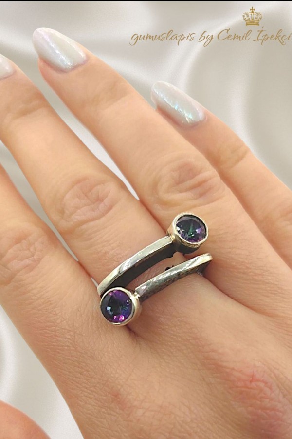 Mistik Kuvars Taşlı İkili Gümüş Yüzük 