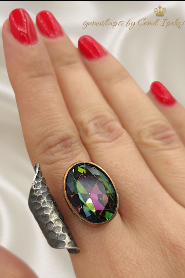 Lab Mistik Kuvars Taşlı Gümüş Yüzük 