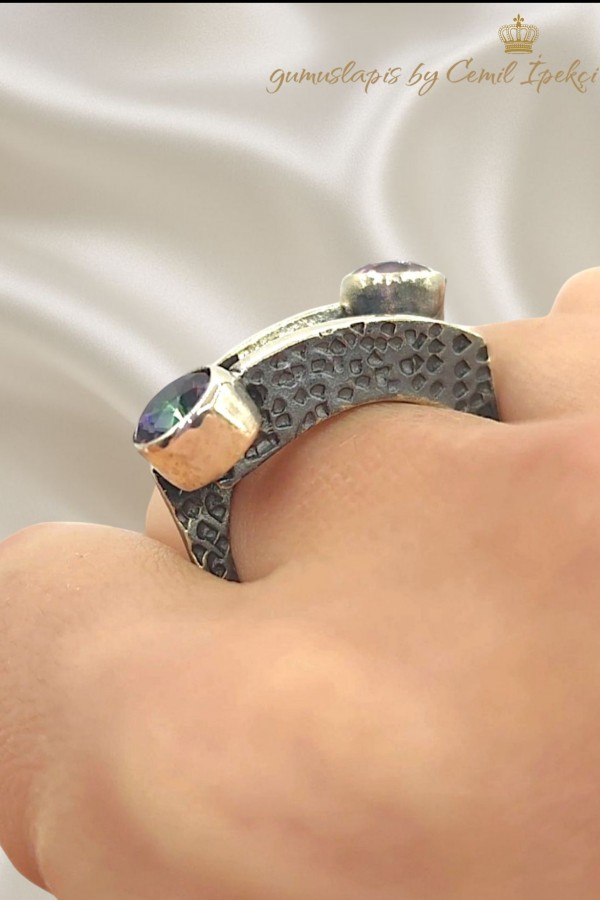 Mistik Kuvars Taşlı İkili Gümüş Yüzük 