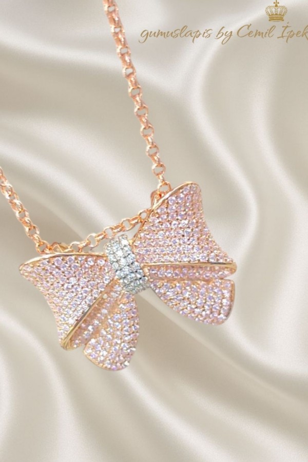 Morganit Taşlı Fiyonk Motif Gümüş Kolye 