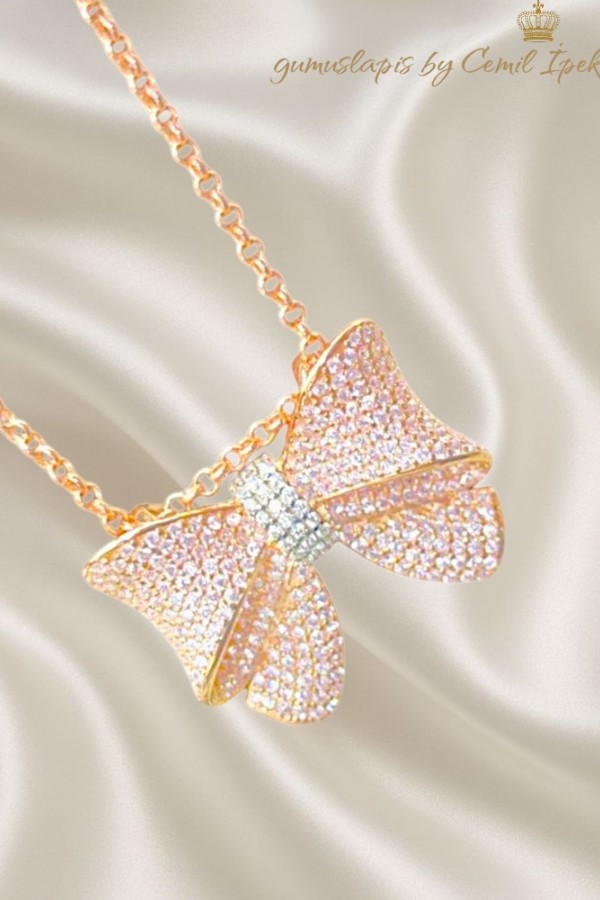 Morganit Taşlı Fiyonk Motif Gümüş Kolye 