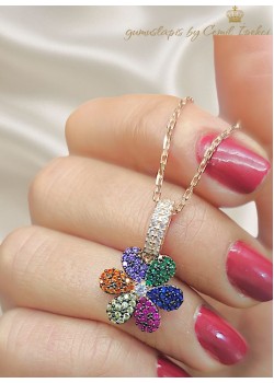 Renkli Taşlarla Süslü Çiçek Motif Gümüş Kolye