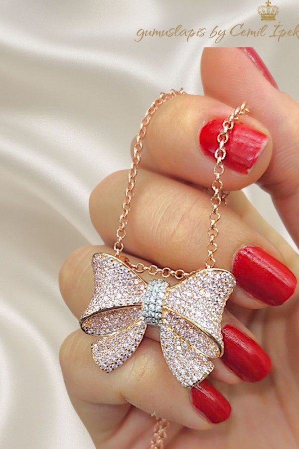 Morganit Taşlı Fiyonk Motif Gümüş Kolye 