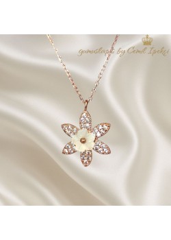 Sedef Taşlı Çiçek Motif Gümüş Kolye (rose)