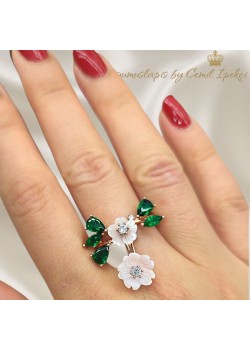 Çiçek Motif Peridot Taşlı Uzun Gümüş Yüzük (rose)