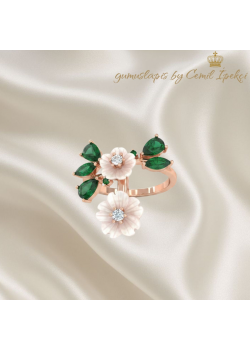 Çiçek Motif Peridot Taşlı Uzun Gümüş Yüzük (rose)