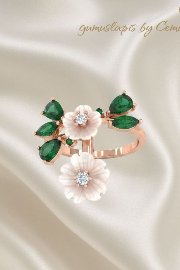 Çiçek Motif Peridot Taşlı Uzun Gümüş Yüzük (rose)