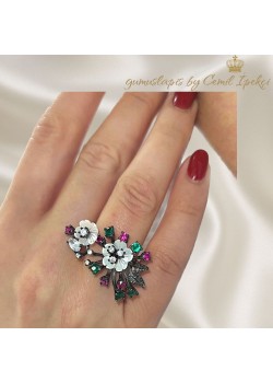 Çiçek Motif Enine Uzun Gümüş Yüzük