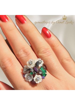 Ametist Peridot ve Sedef Taşlı Çiçek Motif Gümüş Yüzük 
