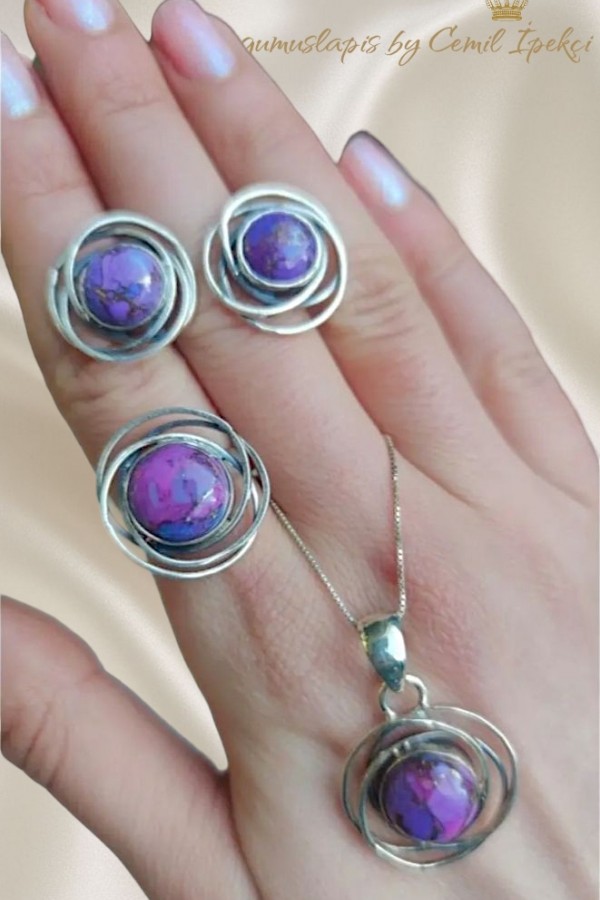 Mor turkuaz taşlı gümüş set