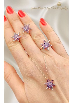 Ametist Taşlı Lotus Çiçeği Motif Gümüş Set 