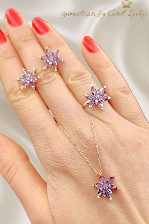 Ametist Taşlı Lotus Çiçeği Motif Gümüş Set 