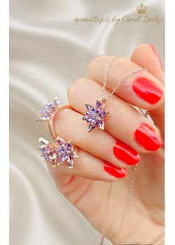 Ametist Taşlı Lotus Çiçeği Motif Gümüş Set 