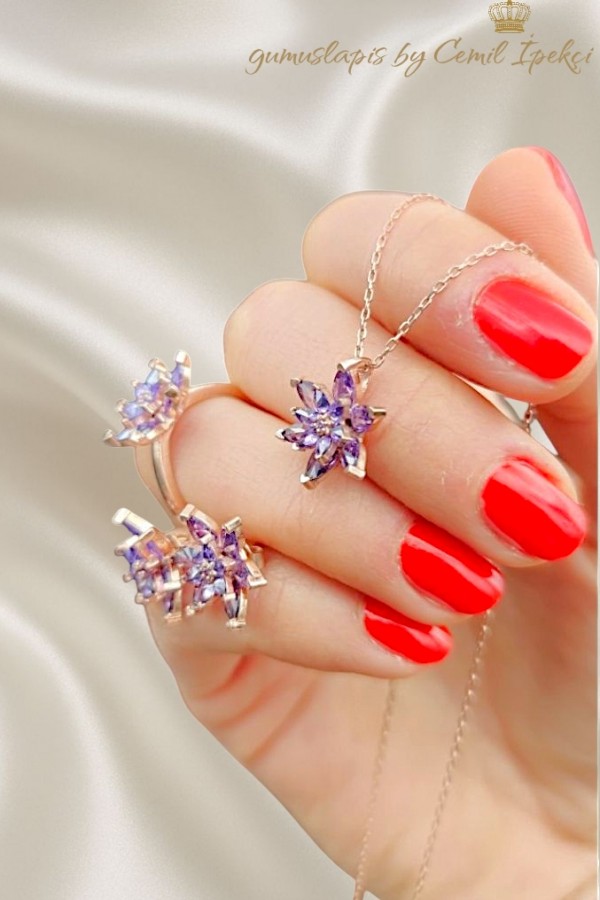 Ametist Taşlı Lotus Çiçeği Motif Gümüş Set 