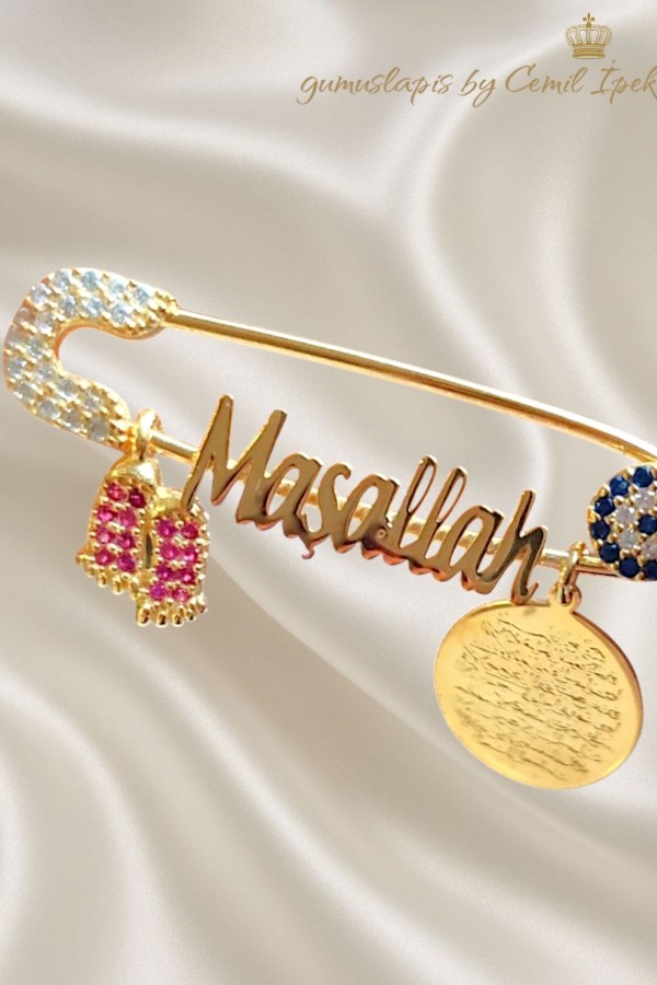 Bebek Ayağı, Dua, Nazar Boncuğu ve Maşallah Yazılı Gümüş Bebek İğnesi