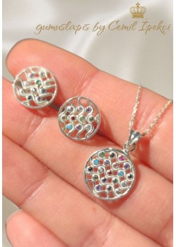 Renkli Taşlarla Süslü Yaşam Çiçeği Motif Gümüş Set 