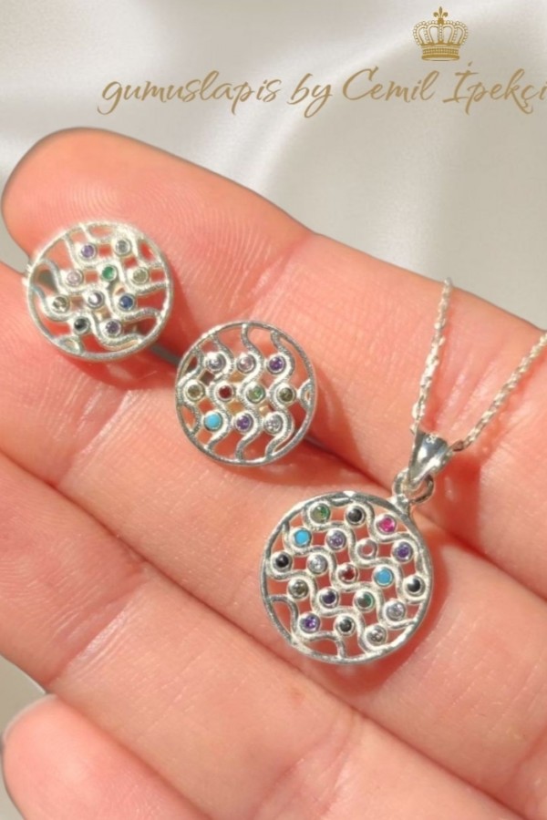 Renkli Taşlarla Süslü Yaşam Çiçeği Motif Gümüş Set 