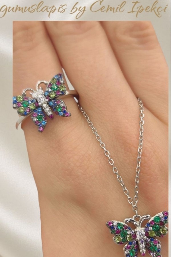 Renkli Taşlarla Süslü Kelebek Motif Gümüş Set