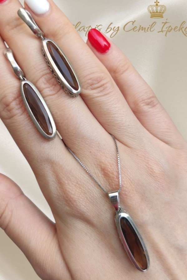 Koyu Peridot Taşlı Gümüş Set 