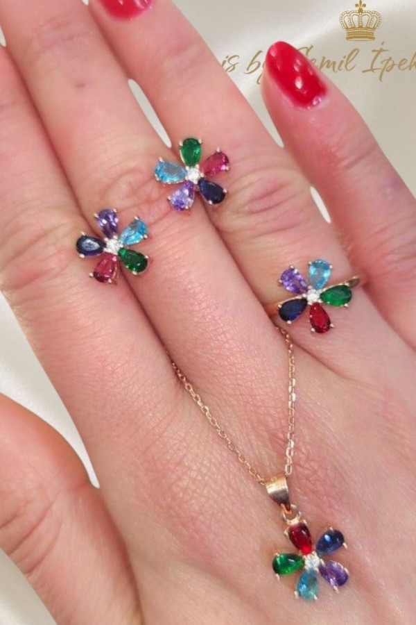 Renkli Taşlarla Süslü Gümüş Çiçek Set