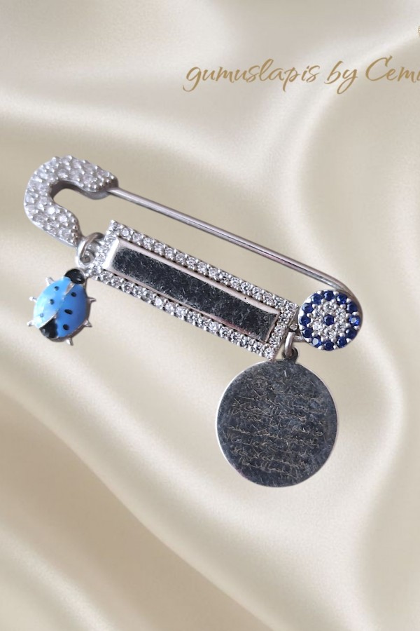 Uğur Böceği, Nazar Boncuğu ve Dua Yazılı Gümüş Bebek İğnesi