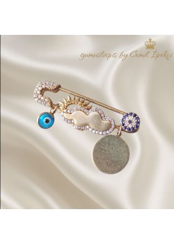 Camgöz, Güneş, Nazar Boncuğu ve Dua Yazılı Gümüş Bebek İğnesi