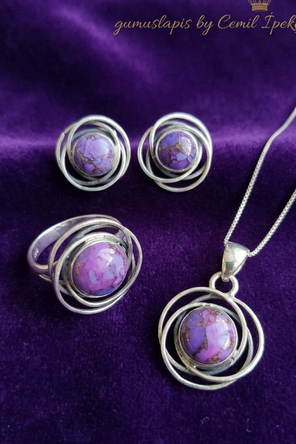 Mor Turkuaz Taşlı Gümüş Set