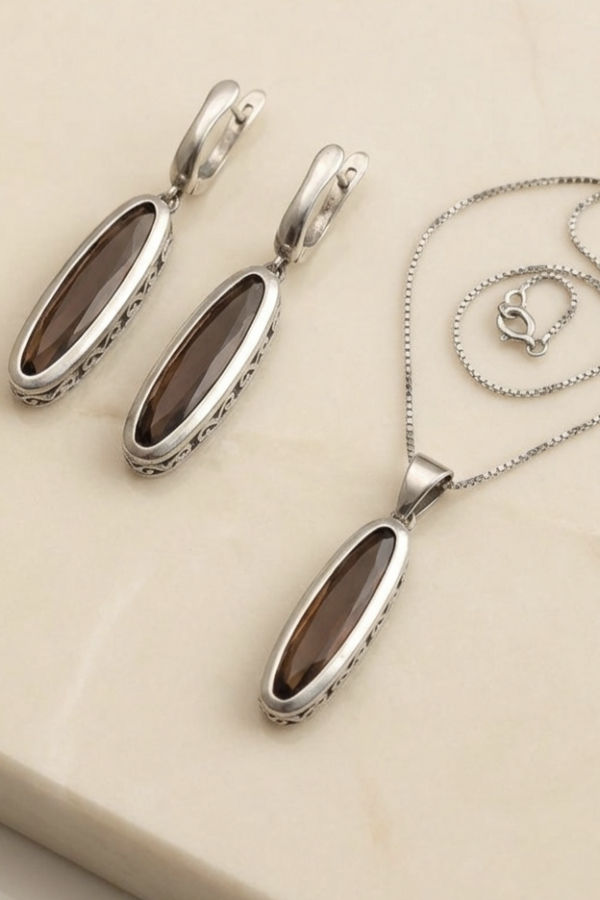 Koyu Peridot Taşlı Gümüş Set 