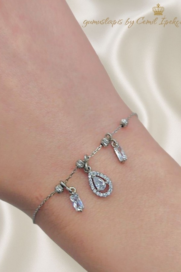 Baget ve Damla Taşlı Gümüş Mini Bileklik