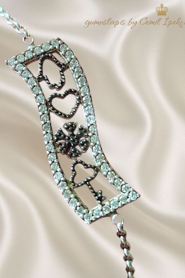 Desenli Dikdörtgen Motif Gümüş Mini Bileklik 