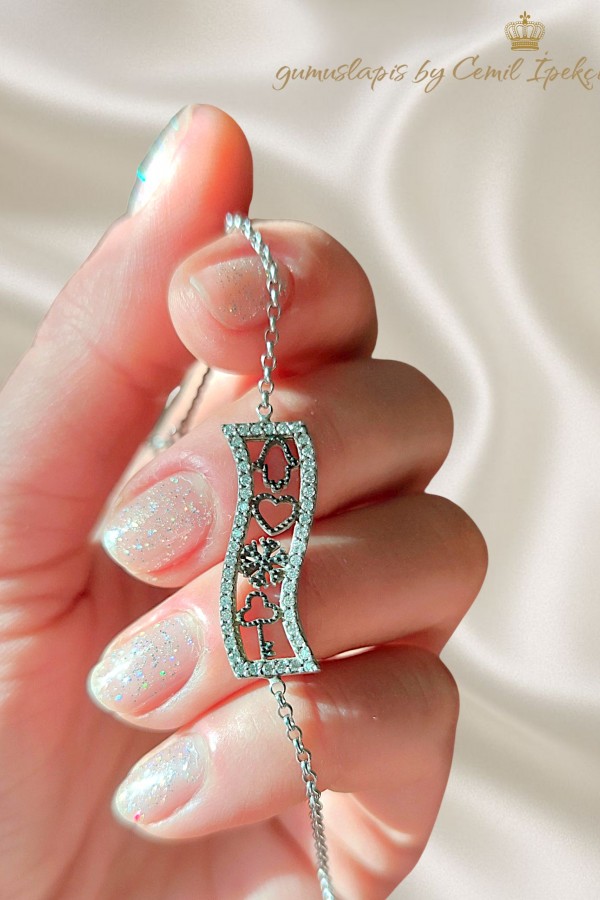 Desenli Dikdörtgen Motif Gümüş Mini Bileklik 