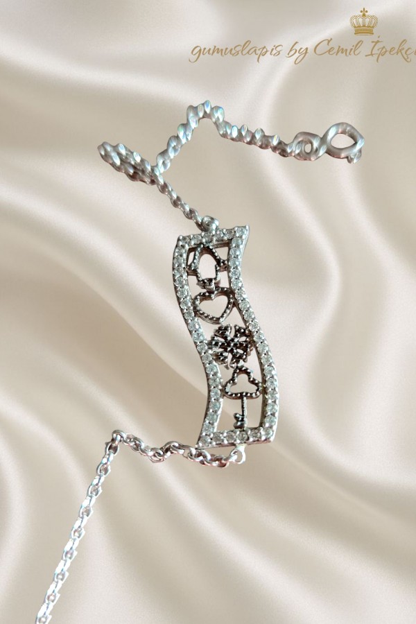 Desenli Dikdörtgen Motif Gümüş Mini Bileklik 