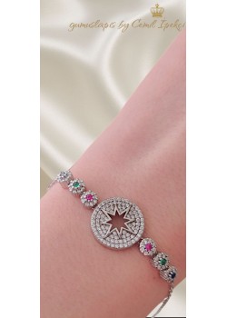 Kutup Yıldızı Motif Renkli Taşlarla Süslü Gümüş Bileklik 