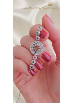 Kutup Yıldızı Motif Renkli Taşlarla Süslü Gümüş Bileklik 