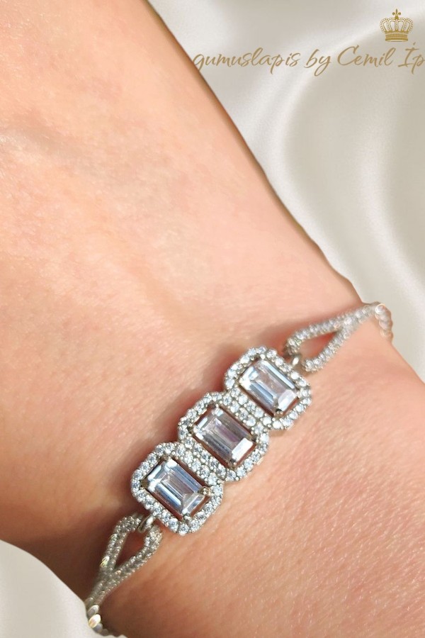 Üç Baget Taşlı Gümüş Bileklik 