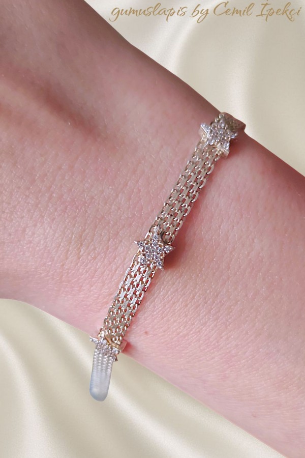 Yıldız Motif Ezme Zincirli Gümüş Bileklik 