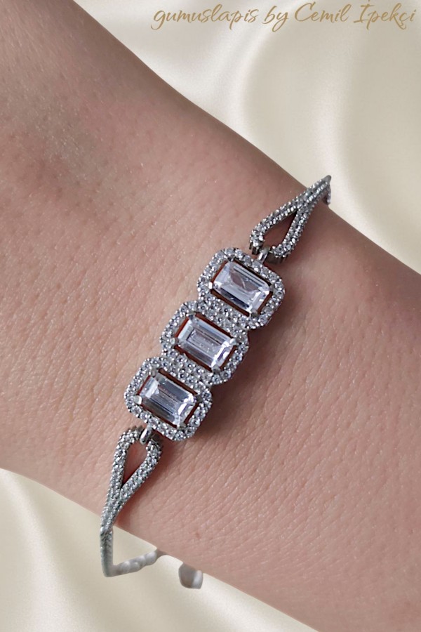 Üç Baget Taşlı Gümüş Bileklik 