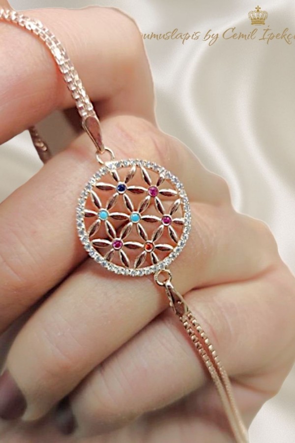 Yaşam Çiçeği Motif Gümüş Bileklik