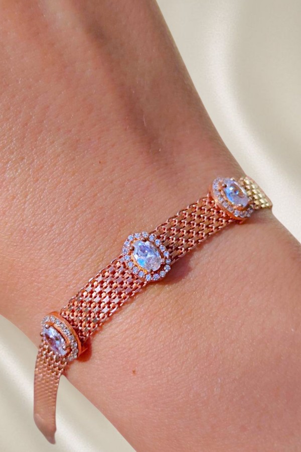 Laboratuvar Pırlantası Taşlı Ezme Motif Gümüş Bileklik 