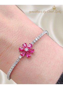 Yakut Taşlı Çiçek Motif Suyolu Gümüş Bileklik 