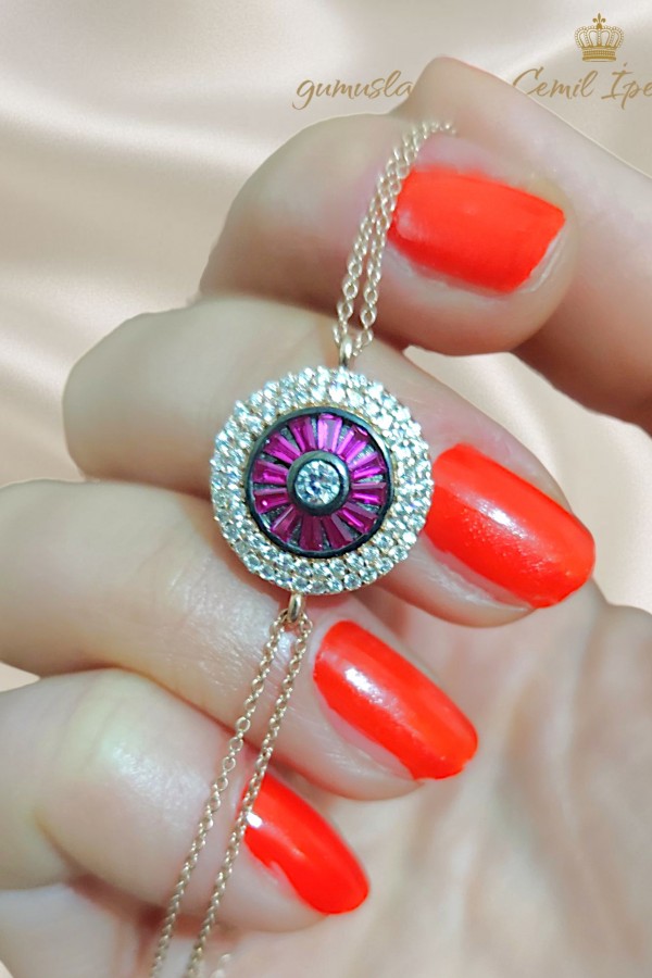 Ortası Yakut Taşlı Gümüş Bileklik 