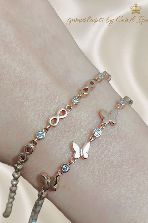 Araları Taşlı Desenli Gümüş Rose Bileklik Serisi