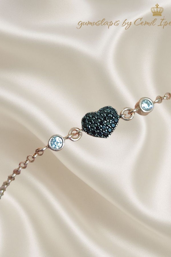 Onix Taşlı Kalp Motif Gümüş Mini Bileklik 