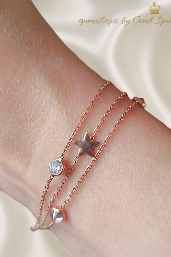 Kendinden Üçlü Yıldız Motif Gümüş Bileklik 