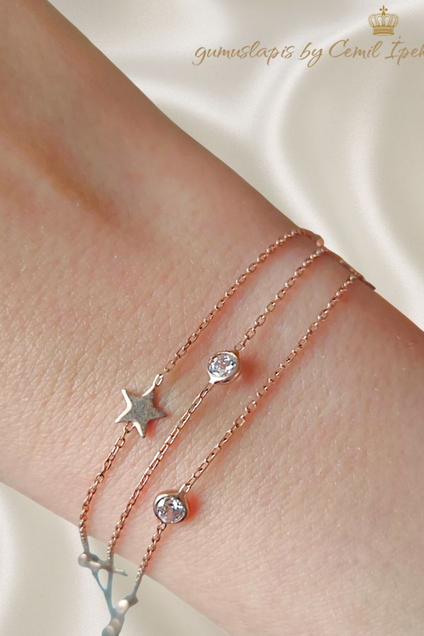 Kendinden Üçlü Yıldız Motif Gümüş Bileklik 