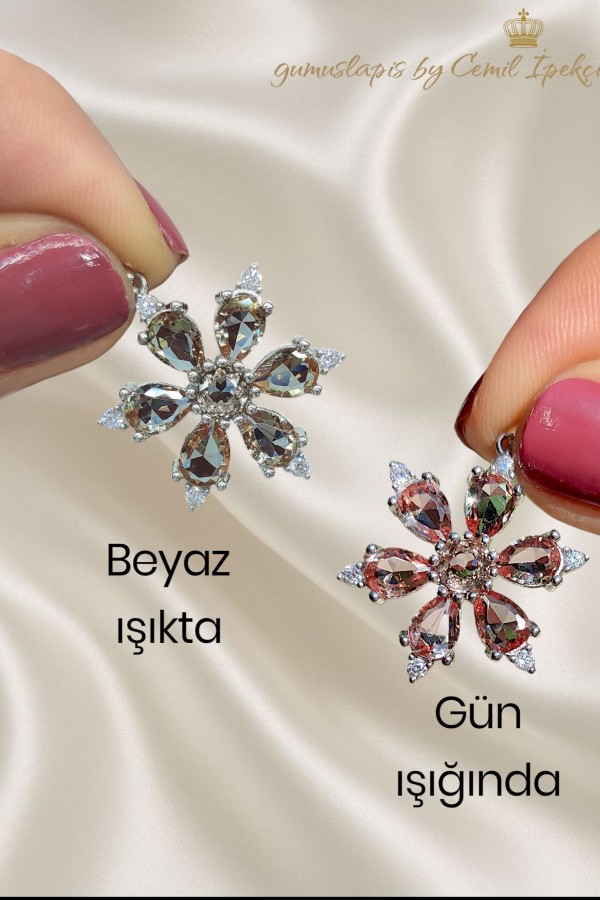 Renk Değiştiren Taşlı Kar Tanesi Motif Gümüş Kolye Ucu