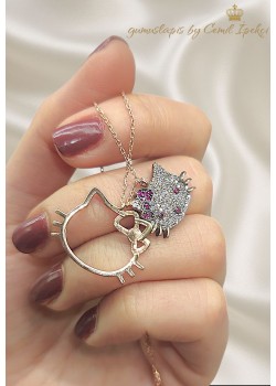 Kedi Motif Yakut Taşlı İki Parça Gümüş kolye 