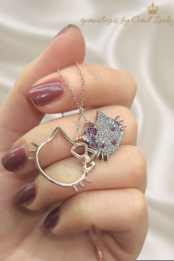 Kedi Motif Yakut Taşlı İki Parça Gümüş kolye 