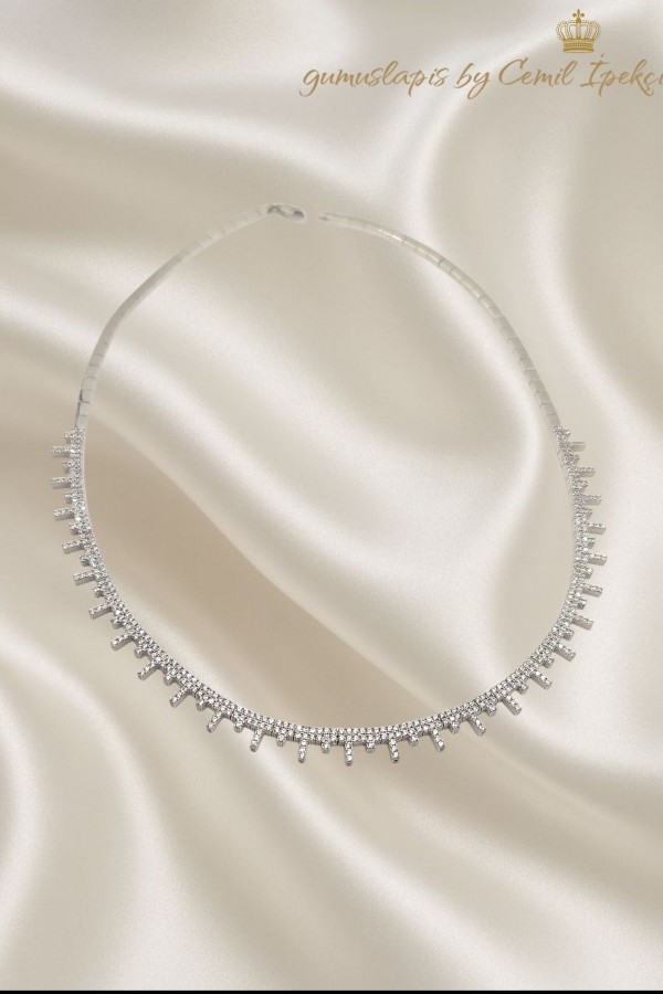 Laboratuvar Pırlantası Taşlı Yarım Suyolu Gümüş Gerdanlık 
