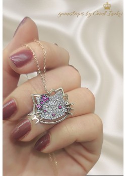 Kedi Motif Yakut Taşlı İki Parça Gümüş kolye 